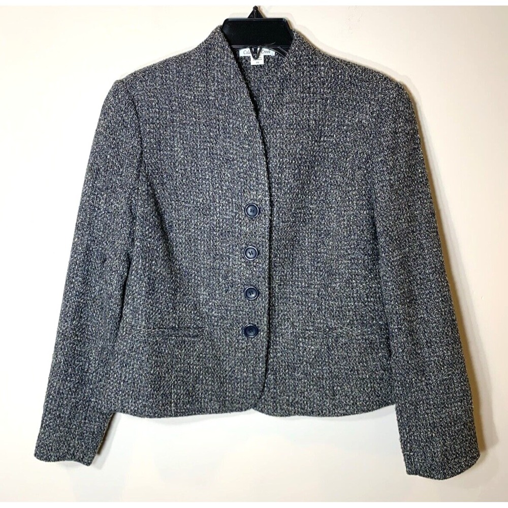 Coldwater Creek Tweed Suit Jacket Womens Petite 8 Navy Blue Lined‎ Blazer EUC